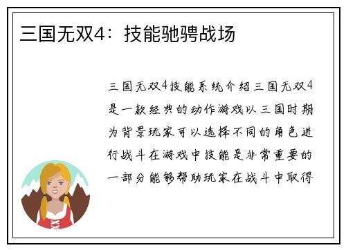 三国无双4：技能驰骋战场